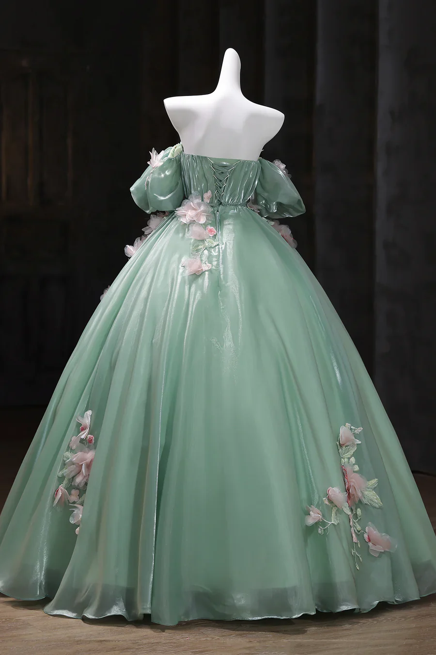 Gorgeous Green Off-the-Shoulder Tulle Long Ball Gown Sweet Flower 16th Birthday Dress Cute Quinceanera Dress DH2741 - Deanwangkt