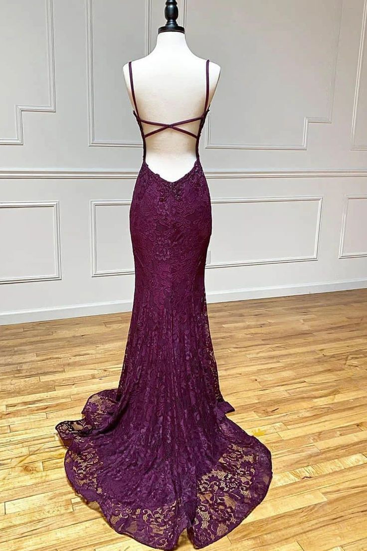 Pretty Lace Spaghetti Straps V-Neck Mermaid Formal Prom Dress Evening Dresses DP304 - Deanwangkt