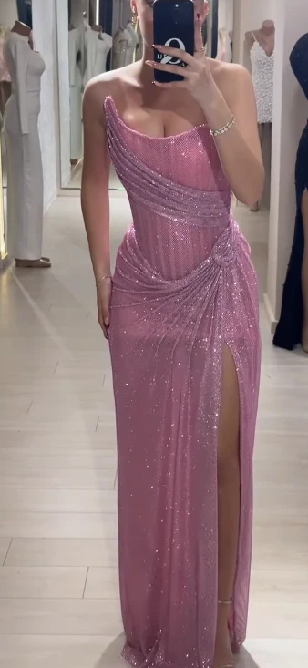 Elegant Sheath Strapless Pink Sequin Slit Long Prom Dresses Party Dress 22th Birthday Outfits Graduation Dresses DH2314 - Deanwangkt