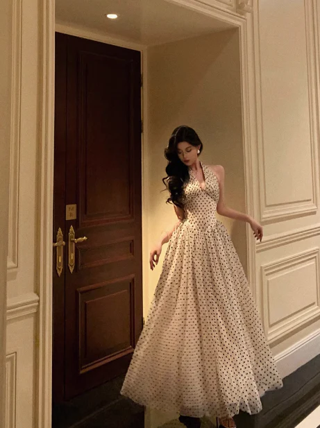 Sexy A line Halter Polka Dot Halter Neck 18th Birthday Dress Long Party Birthday Outfits For Women DP0160 - Deanwangkt