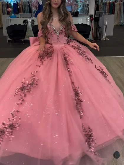 Cute Off-the-shoulder Ball Gown Tulle Long Prom Dresses Applique Pink Quinceanera Dresses Sweet 16 Dresses DP3902 - Deanwangkt