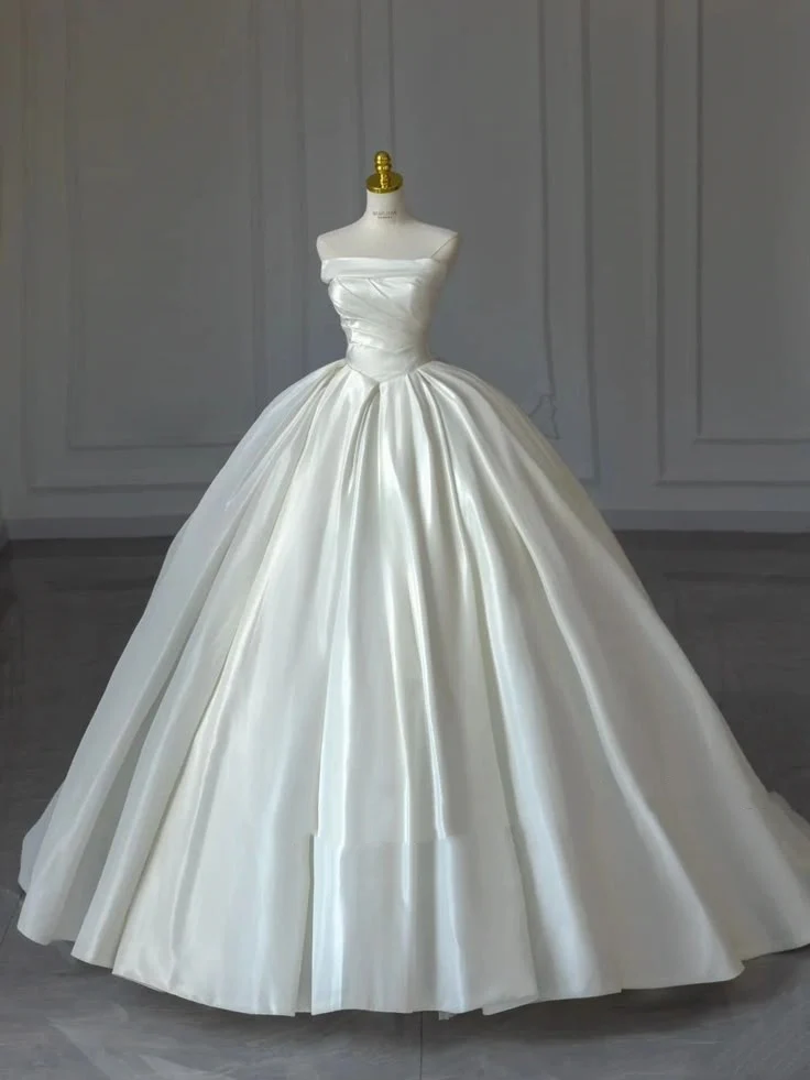 Modest Bridal Dress Ball Gown Strapless Sleeveless Satin Ivory Wedding Dresses Elegant Bridal Gowns DH918 - Deanwangkt
