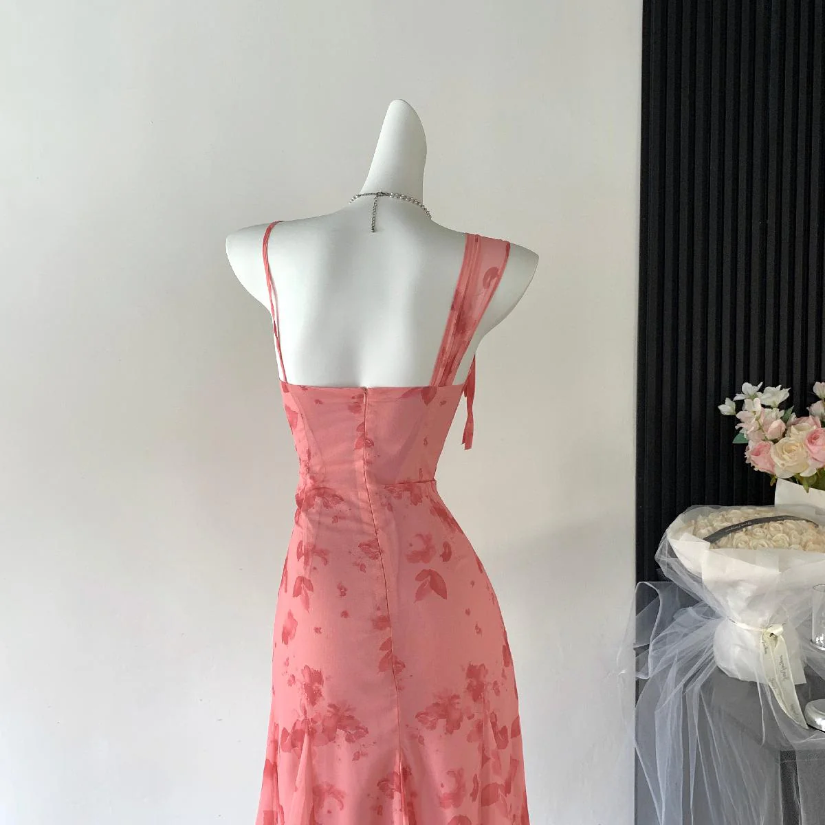 Sexy A line Spaghetti Straps Floral Long Pink Floral Dress Holiday Party Outfits For Women DP0032 - Deanwangkt