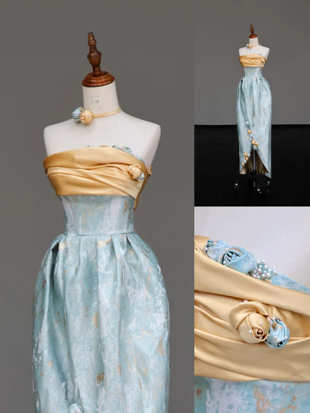 Gorgeous A Line Strapless Satin Blue Long Prom Dresses Graduation Dresses DP683 - Deanwangkt