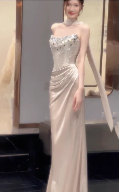 Elegant Sheath Strapless Evening Gown Satin Champagne Formal Dress Sequin Long Prom Dresses DP2789 - Deanwangkt