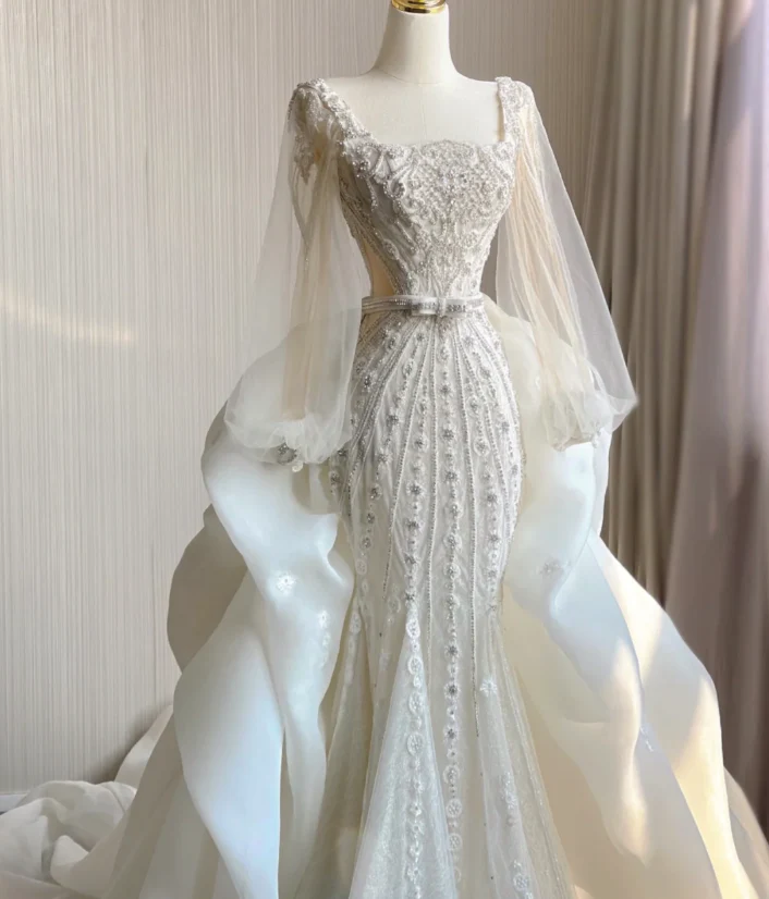 Luxury Mermaid Square Neckline Long White Wedding Dresses Brides Dress DP407 - Deanwangkt