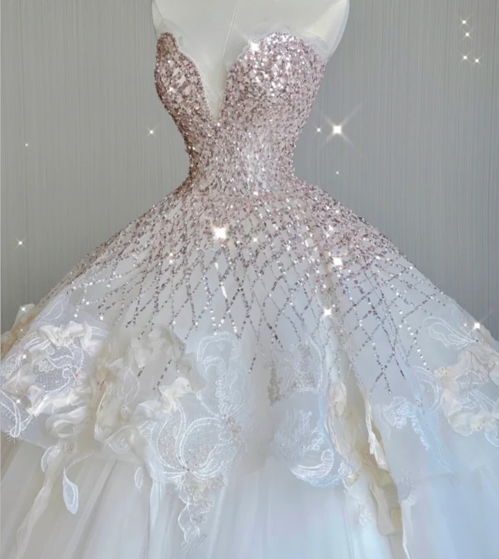Unique Ball Gown Sweetheart Sequin Long White Wedding Dresses Brides Dress DP418 - Deanwangkt