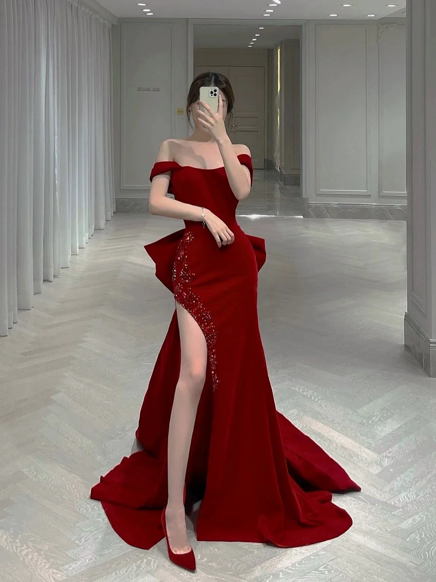 Classy Mermaid Off The Shoulder Satin Burgundy Short Sleeves Evening Dress Long Prom Dresses H2897 - Deanwangkt