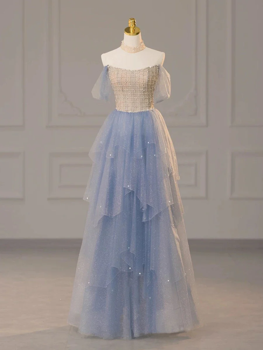Sexy Ball Gown Off The Shoulder Blue Elegant Tulle Long Prom Dresses H2862 - Deanwangkt