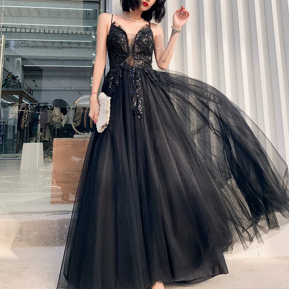 Classy Elegant A Line Spaghetti Straps Black Tulle Long Prom Dresses H2898 - Deanwangkt