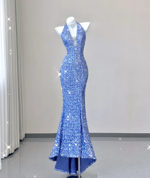 Classy Mermaid Halter V Neckline Blue Sequin Evening Dress Long Prom Dresses P0016 - Deanwangkt
