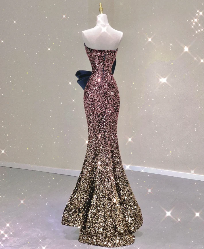 Pretty Mermaid Strapless Long Sequin Prom Dresses Graduation Dress High School Classy Evening Dresses DP428 - Deanwangkt