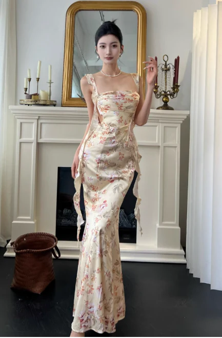 Elegant Straps Mermaid Satin Long Evening Dresses, Floral Backless Formal Dresses DP3147 - Deanwangkt