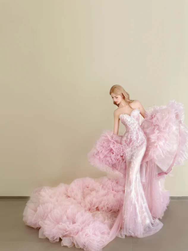 Elegant Mermaid Pink Long Prom Dresses Tulle Sleeveless Pink Birthday Dresses Sweetheart Neck Rhinestone Evening Dresses DP3933 - Deanwangkt