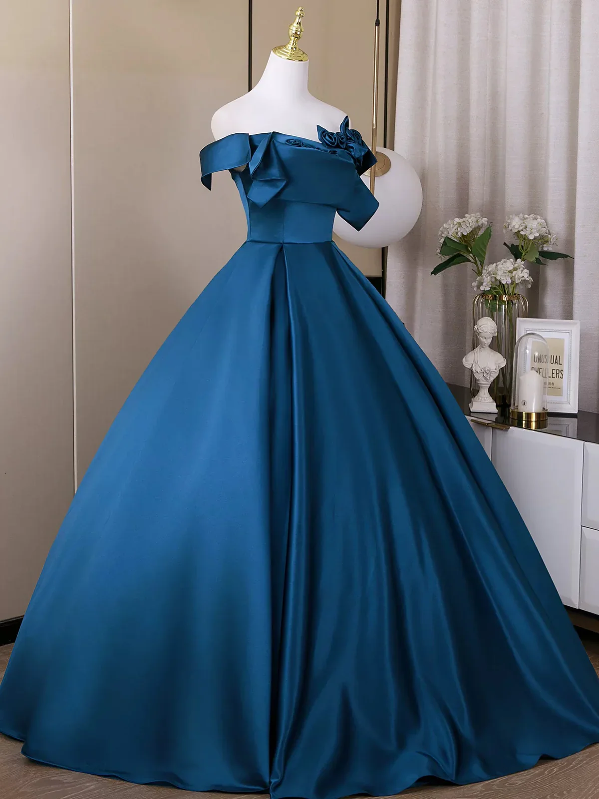 Elegant Off Shoulder A-Line Satin Long Prom Dress, Blue Formal Dresses DP3158 - Deanwangkt