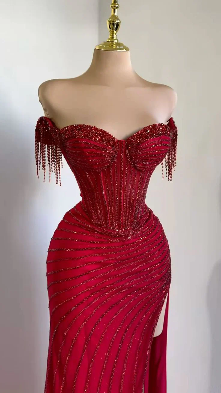 Elegant Sheath Burgundy Long Prom Dresses Off-the-shoulder Beaded Tulle Burgundy Evening Dresses DP3909 - Deanwangkt