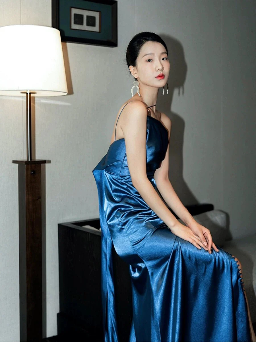 Classy Mermaid One Shoulder Blue Satin Evening Dress Long Prom Dresses H2869 - Deanwangkt