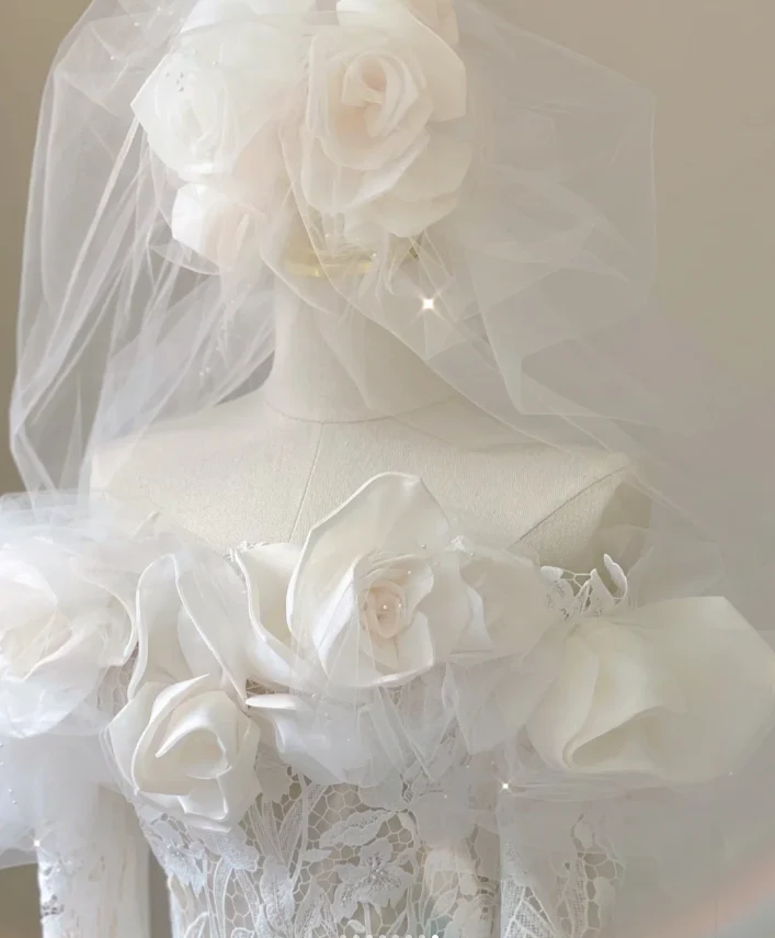 Classy Elegant Mermaid Off The Shoulder White Long Sleeves Flowers Wedding Dresses Brides Dress DP458 - Deanwangkt