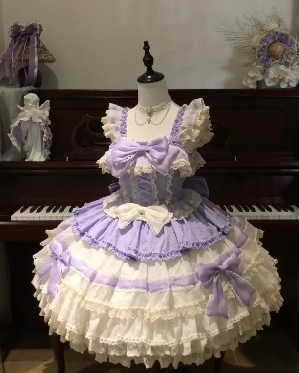 Sweet Straps Ball Gown Tulle Purple Short Birthday Dresses Cute Lace Bow Purple Lolita Dresses DP3997 - Deanwangkt