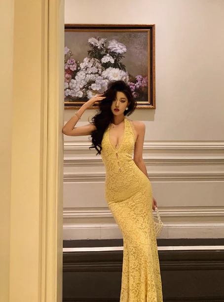 Elegant Mermaid V neckline Sleeveless Yellow Lace 21st Birthday Dress Party Gown Birthday Outfits Birthday Dress Ideas For Women DP548 - Deanwangkt