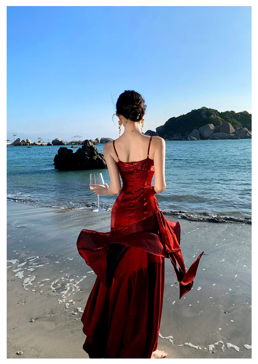 Modest Mermaid Spaghetti Straps Sleeveless Maroon Red Long Evening Dress Prom Dresses DP233 - Deanwangkt