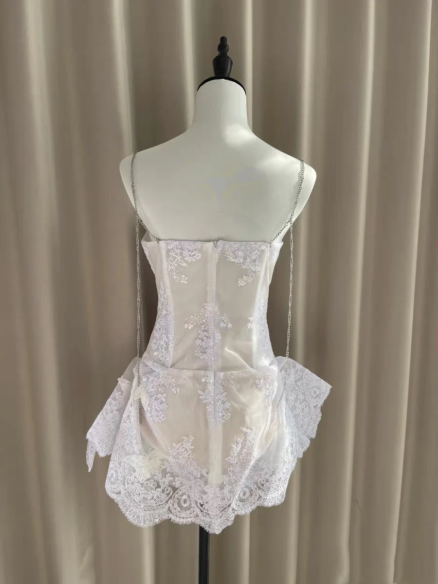 Pretty A line Spaghetti Straps White Lace Formal Homecoming Dresses Short 16th Birthday Outfits Graduation Dress Mini Cocktail Dresses DH2464 - Deanwangkt