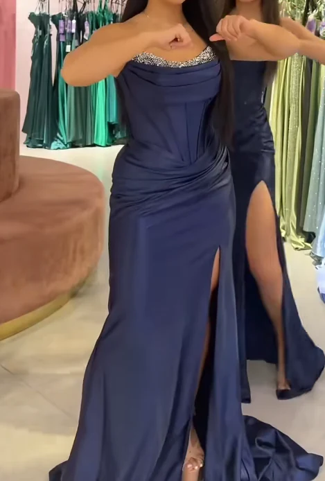Elegant Strapless Sheath Navy Blue Long Prom Dresses Sleeveless Satin Navy Blue Formal Dresses DP3884 - Deanwangkt