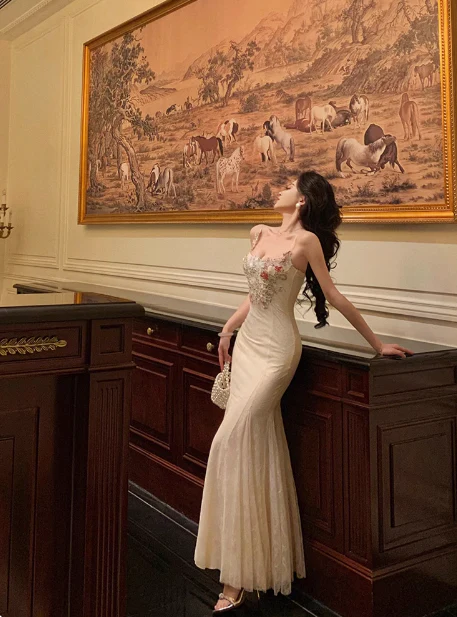 Sexy Mermaid Spaghetti Straps White Floral 18th Birthday Dress Long Party Birthday Outfits For Women DP0159 - Deanwangkt