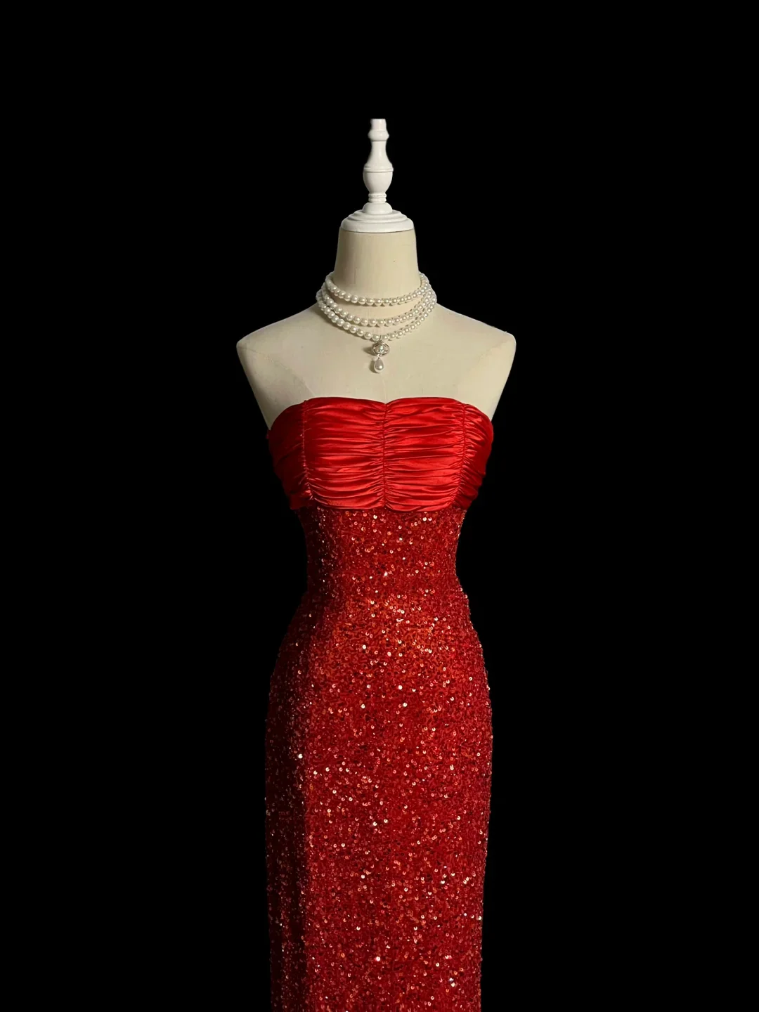 Elegant Glamour Mermaid Strapless Sequin Red Long Prom Dresses Party Dress Evening Dress DP923 - Deanwangkt