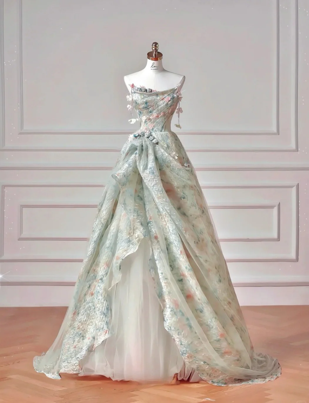 Cute Green Ball Gown Strapless Long Prom Dress Tulle Floral Chiffon Sweet 16 Dress DP2946 - Deanwangkt