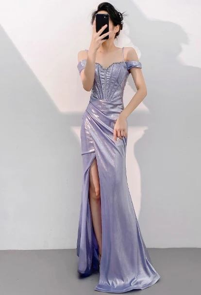 Elegant Off-the-Shoulder Mermaid Evening Gowns Satin Purple Formal Dress DP2958 - Deanwangkt