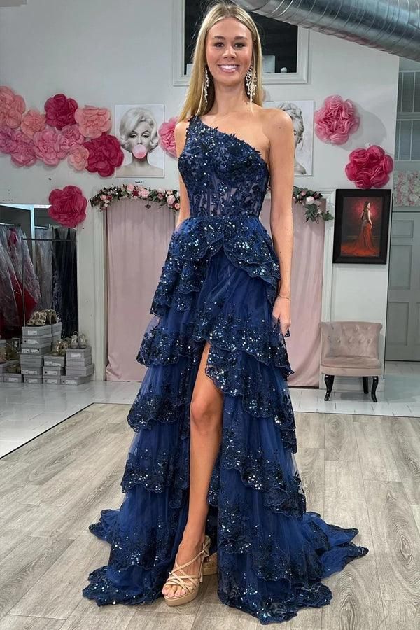 Sexy Navy Blue Tulle Sequin One-Shoulder Long Prom Dress with Slit DP308 - Deanwangkt