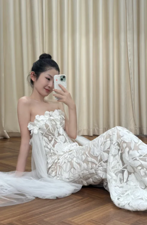 Modest Strapless Sheath Luxury Wedding Dresses Tulle Applique White Bridal Gowns Sleeveless Bridal Dresses DP3248 - Deanwangkt