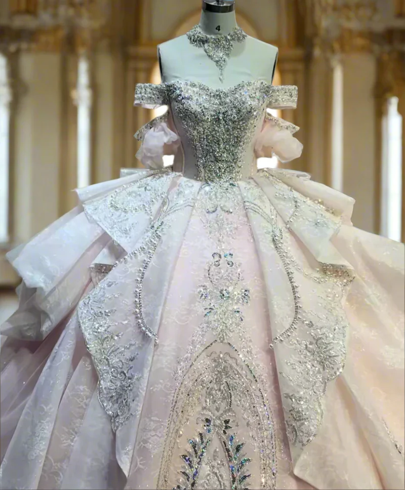 Gorgeous Sky Blue Off-the-shoulder Tulle Long Ball Gown Flower Sweet 16th Birthday Dress Cute Quinceanera Dress DH2736 - Deanwangkt