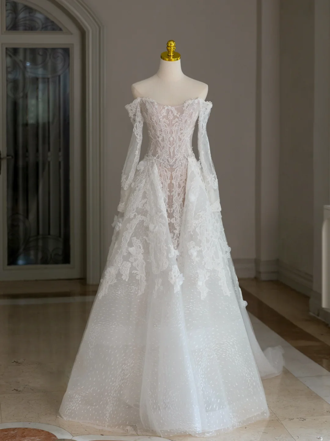 Unique Wedding Dress A Line Off The Shoulder Lace Long Sleeves 70s Wedding Dresses Bridal Gowns DH2077 - Deanwangkt