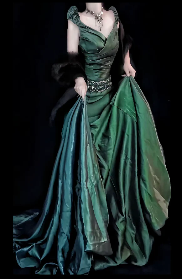 Elegant V-neck Sheath Green Long Prom Dress Satin Green Evening Dress DP3954 - Deanwangkt