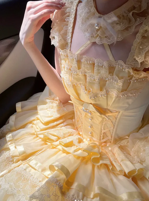Sweet Square Neck Ball Gown Lace Birthday Dresses Yellow Lolita Dresses DP3180 - Deanwangkt