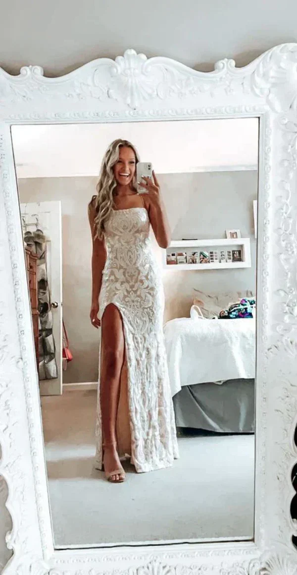Simple Mermaid White Prom Dress Modest Slit Evening Dresses Formal Dresses DP506 - Deanwangkt