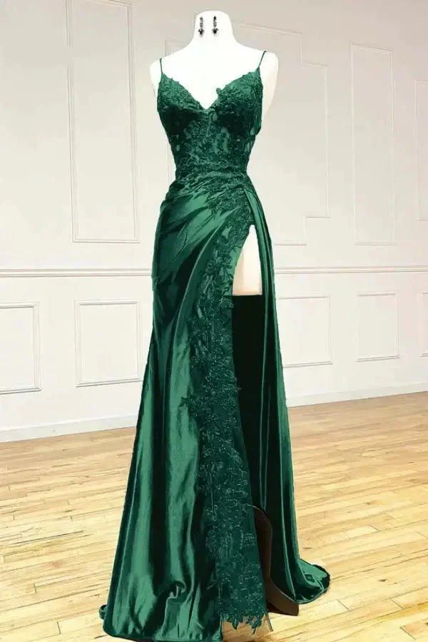 Sexy Sheath Satin Prom Dresses with Slit, Spaghetti Strap Formal Dress DP293 - Deanwangkt