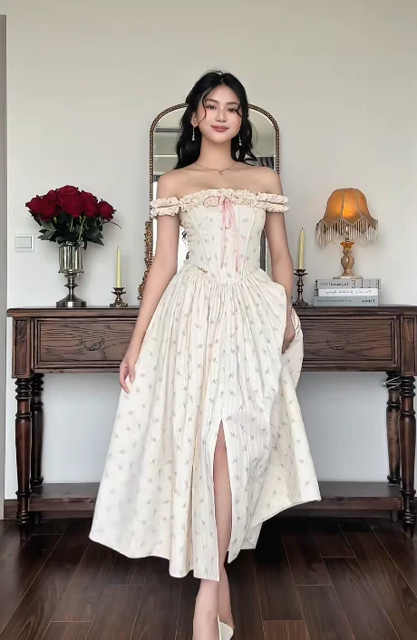 Elegant Off-the-shoulder A-Line Formal Dresses Satin Floral Wedding Guest Dresses DP3757 - Deanwangkt