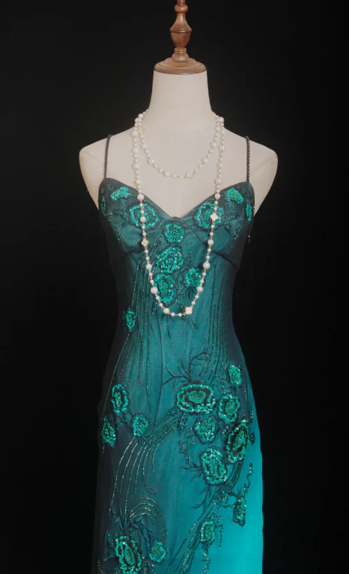 Glam Spaghetti Strap Sheath Long Prom Dresses, Chiffon Beaded Blue Formal Dresses DP3333 - Deanwangkt