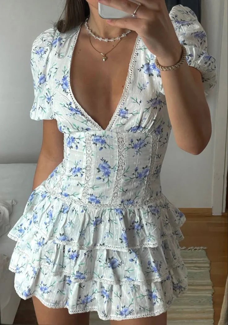 Simple A line V Neck Floral Blue Homecoming Dress Summer Hoco Dresses Cocktail Dress DP1928 - Deanwangkt