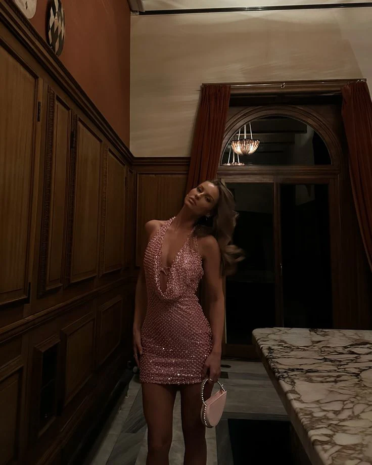 Modest Sheath Halter Tight Pink Sequin Formal Homecoming Dresses 18th Birthday Outfits Graduation Dress Short Mini Hoco Dresses DH2527 - Deanwangkt