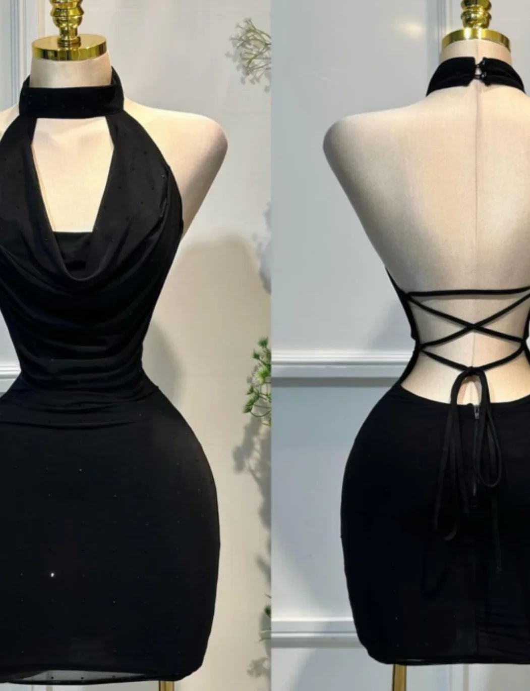 Fashionable Black Halter Bodycon Short Party Dress Open Back Homecoming Dress DP2950 - Deanwangkt