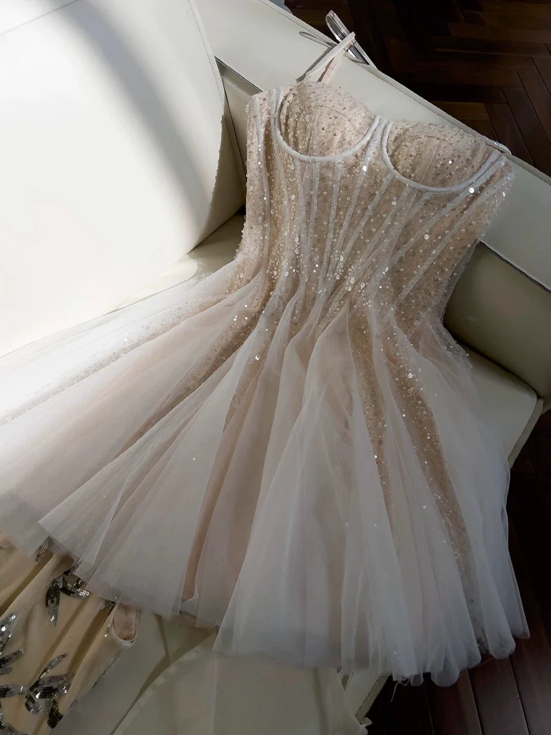 Cute A line Spaghetti Straps Champagne Formal Short 8th Grade Homecoming Dress Summer Middle School Hoco Dresses Birthday Outfits W973 - Deanwangkt