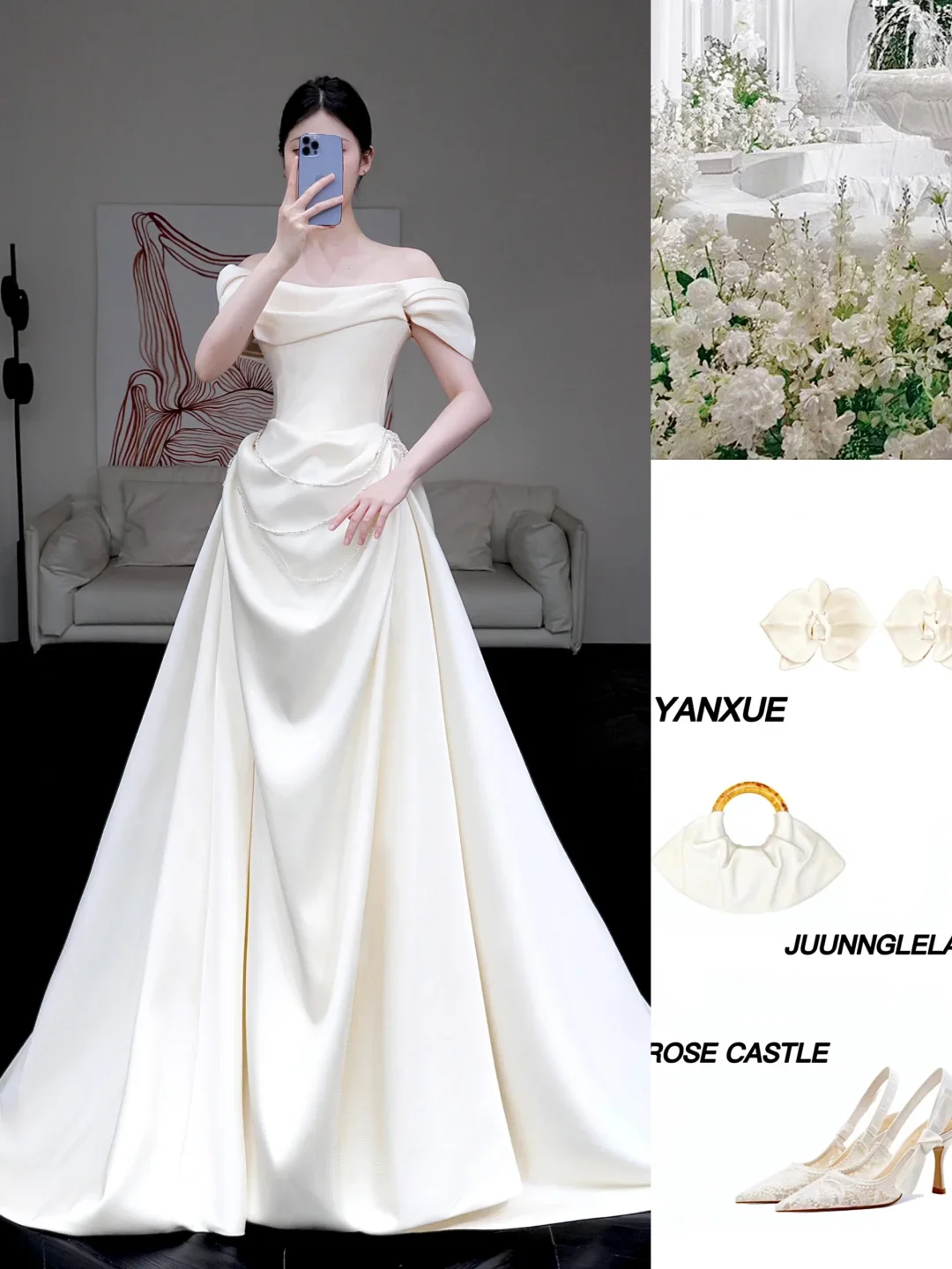 Classy Elegant A Line Off The Shoulder White Satin Long Wedding Dress Brides Dress DP644 - Deanwangkt