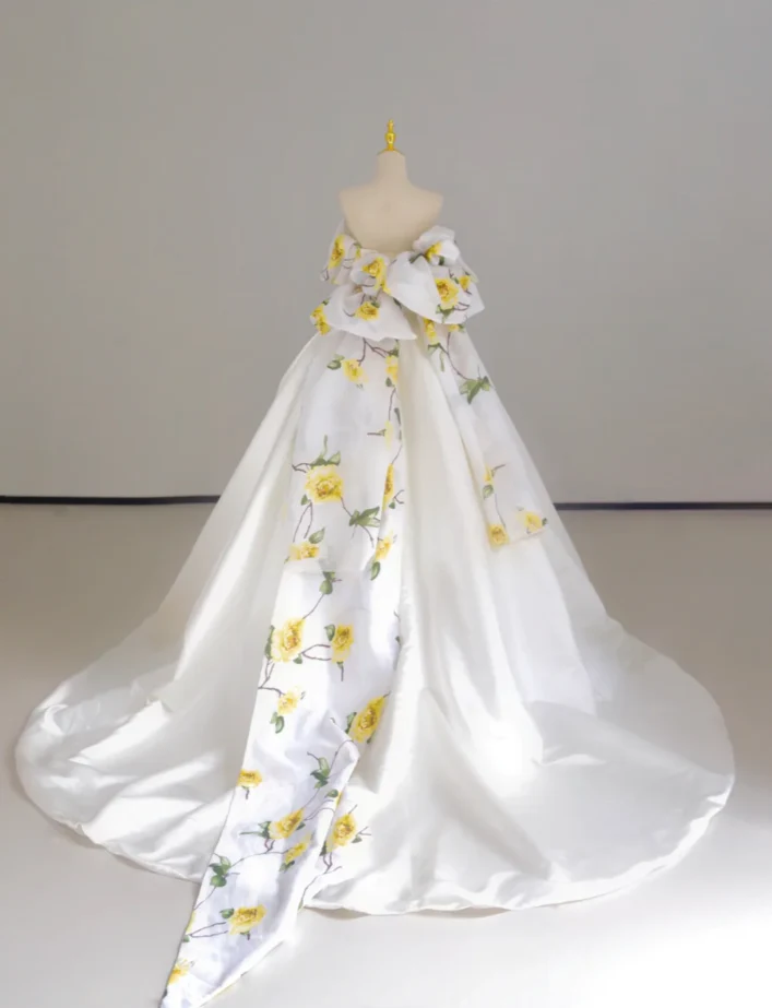 Dreamy Ball Gown Off The Shoulder Satin Long Floral Wedding Dresses Summer Brides Dress DP518 - Deanwangkt