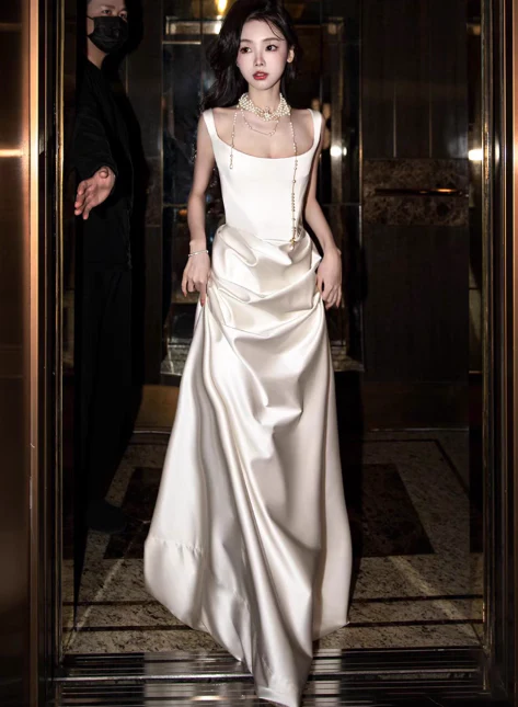 Modest Sheath Square Neck Long Evening Gowns White Satin Special Formal Dresses Prom Dresses DP2775 - Deanwangkt