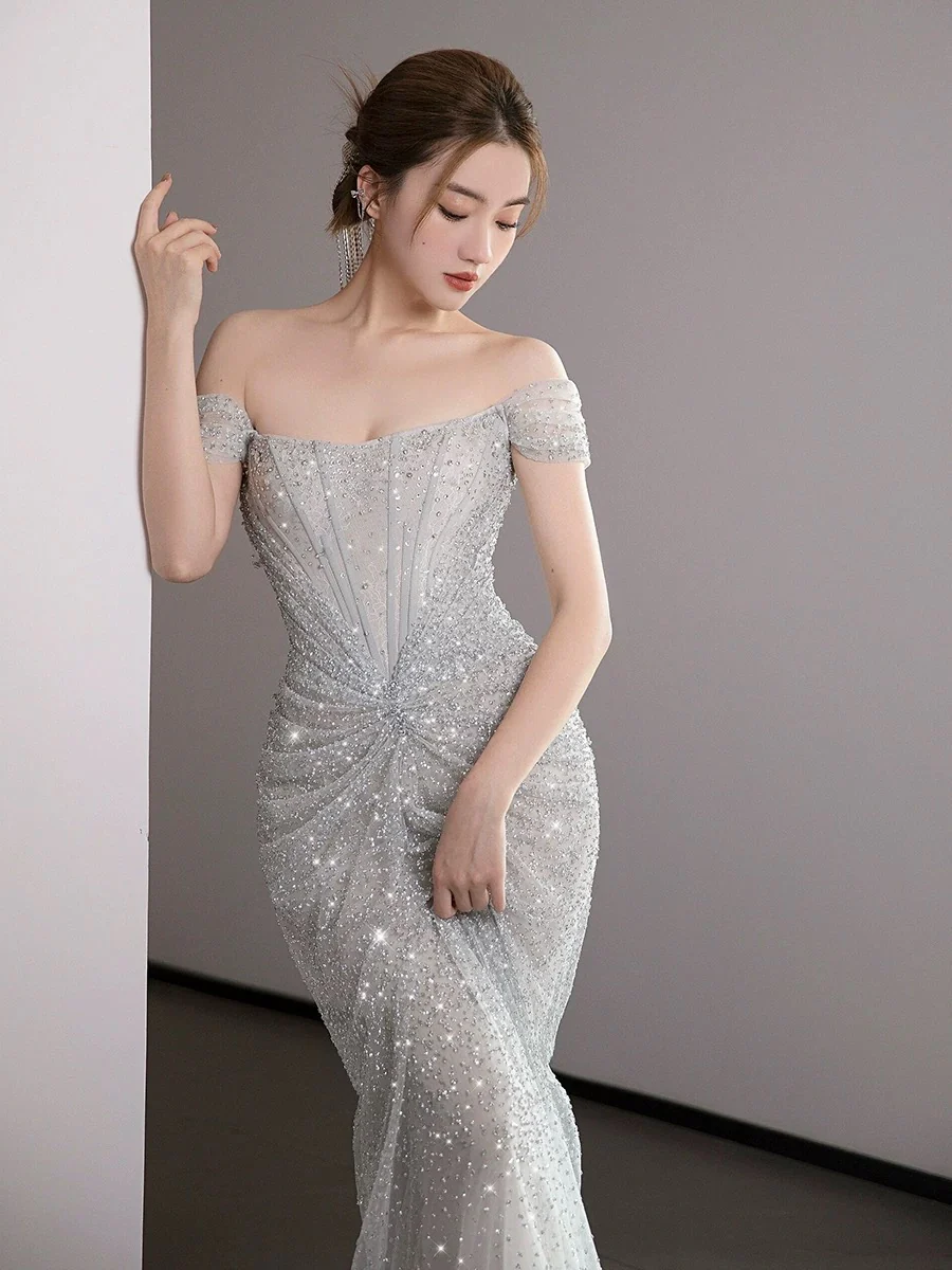 Classy Mermaid Off The Shoulder Silver Sequin Long Evening Dress Long Prom Dresses H2877 - Deanwangkt