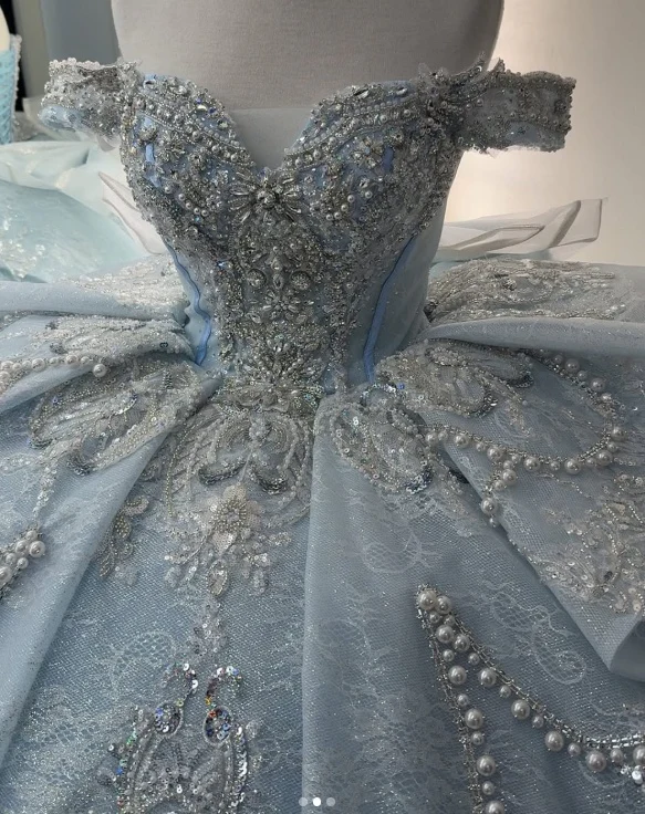 Gorgeous Sky Blue Off-the-shoulder Tulle Long Ball Gown Flower Sweet 16th Birthday Dress Cute Quinceanera Dress DH2736 - Deanwangkt